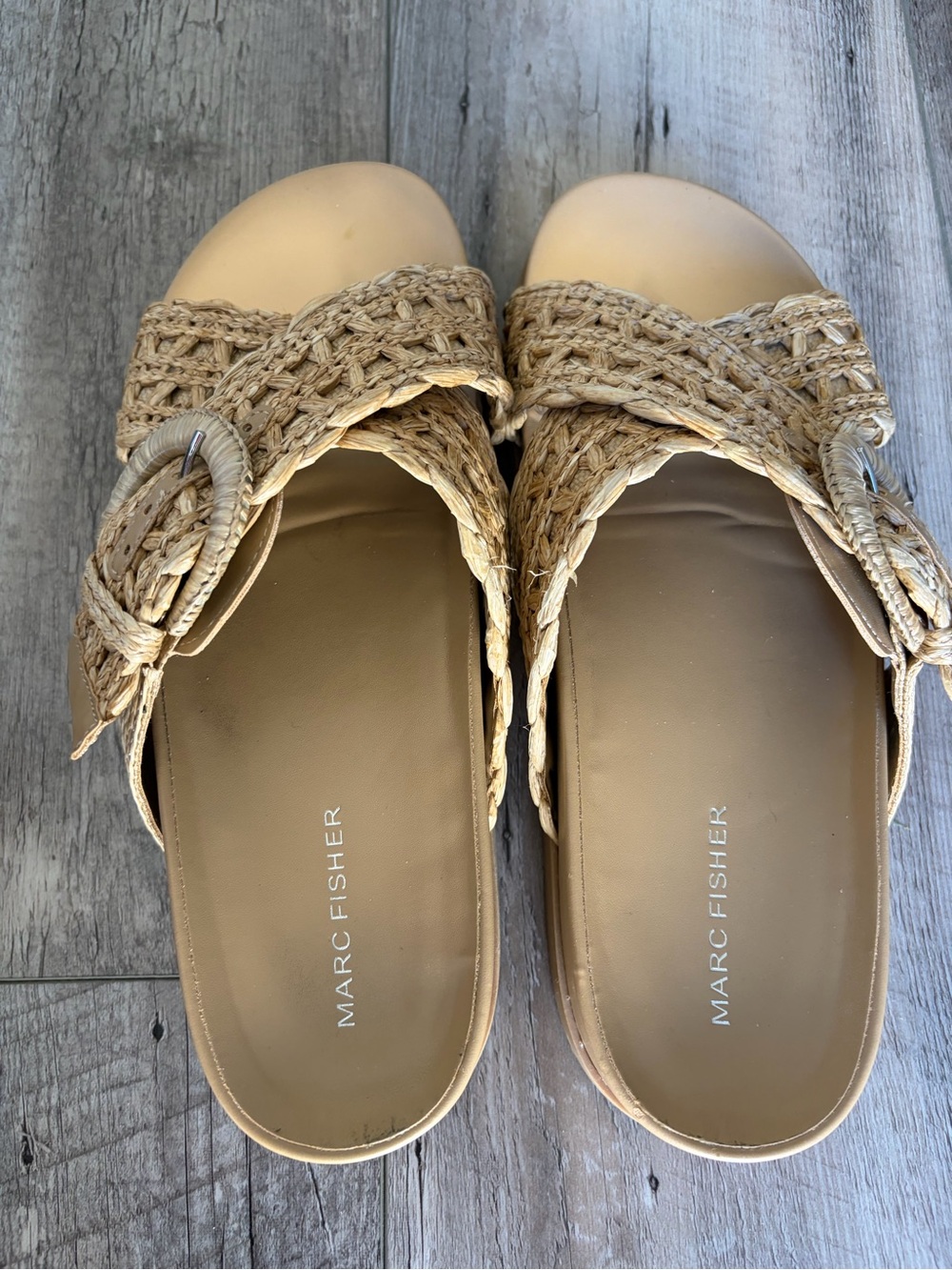 Marc Fisher Woven Raffia Slide Mules in Beige Natural